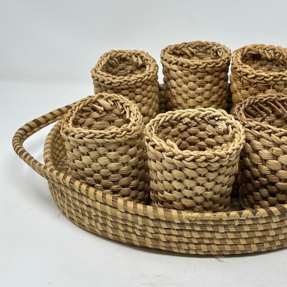 Vintage Woven Seagrass Serving Tray with 6 Coiled Cup Holders Natural Boho 7pc